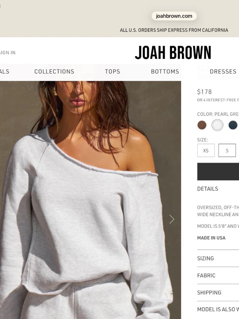 Joah Brown Oversized Off The Shoulder Sweatshirt S/M Pearl Grey